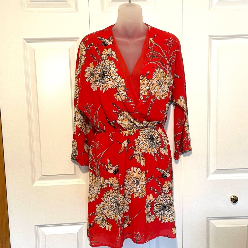 Express Wrap Front Bird & Floral Orange Dress Long Sleeve Small